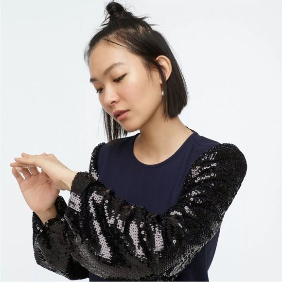 J Crew Sequin Crepe Long Sleeve Blouse Navy Blue Black Small Holiday Festive New - Picture 3 of 12